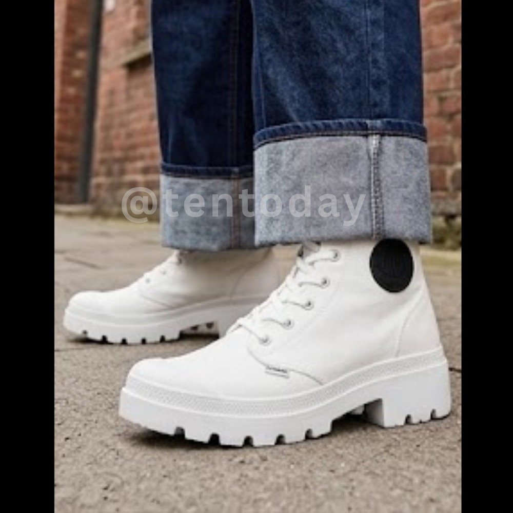 Palladium Size 7.5 White Canvas Chunky High Vegan Combat Boots Sneakers Shoes